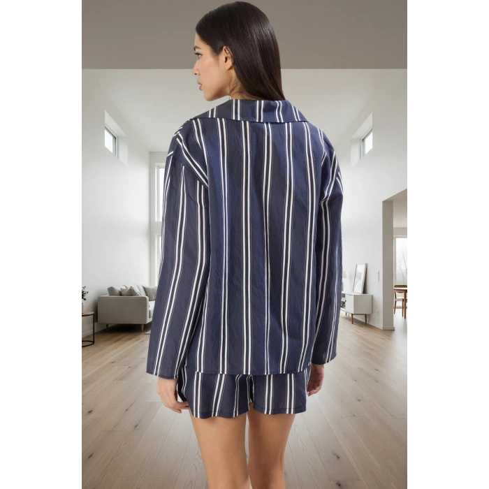 Kadın Rahat Viskoz Pijama Takımı Çizgili Desenli Crinkle Dokuma Kaliteli İşçilik