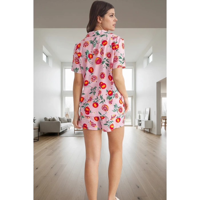Kadın Rahat Viskoz Pijama Takımı Meyve Desenli Şortlu Yazlık Özel Tasarım Yüksek Kalite Dayanıklı Malzeme