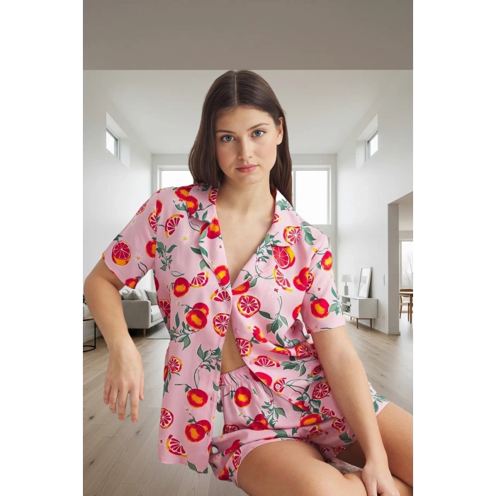 Kadın Rahat Viskoz Pijama Takımı Meyve Desenli Şortlu Yazlık Özel Tasarım Yüksek Kalite Dayanıklı Malzeme