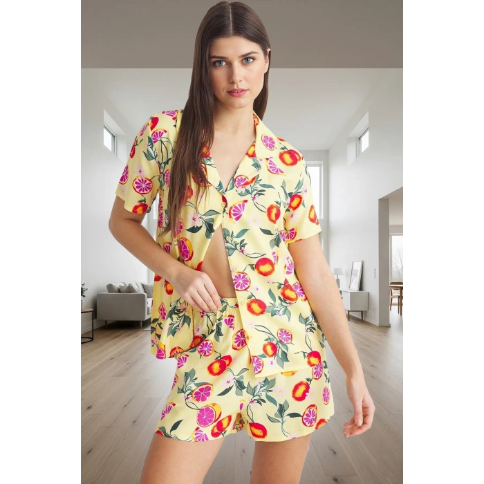 Kadın Rahat Viskoz Pijama Takımı Meyve Desenli Şortlu Yazlık Özel Tasarım Yüksek Kalite Dayanıklı Malzeme