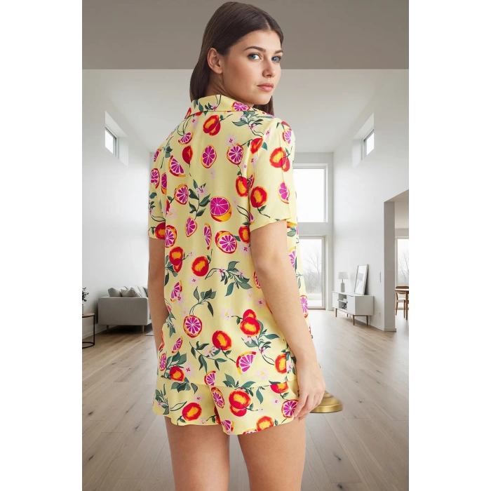 Kadın Rahat Viskoz Pijama Takımı Meyve Desenli Şortlu Yazlık Özel Tasarım Yüksek Kalite Dayanıklı Malzeme