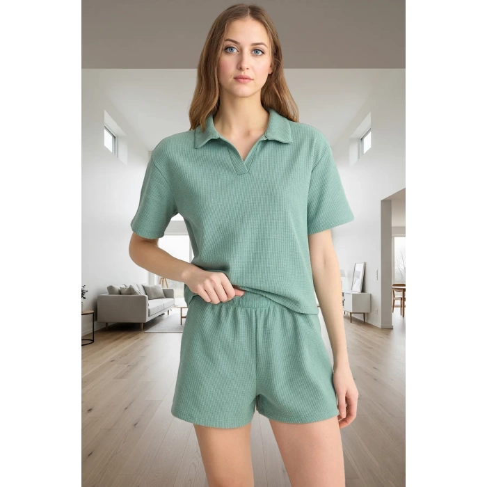 Kadın Rahat Waffle Pijama Takımı Pamuk Polyester Boru Paça Şort Regular Kalıp Özel Tasarım