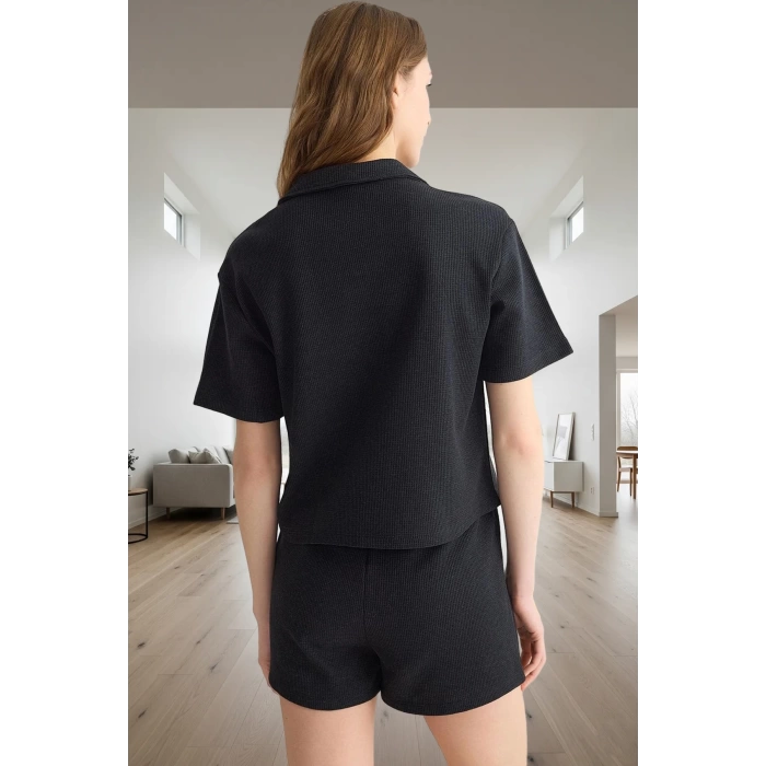 Kadın Rahat Waffle Pijama Takımı Pamuk Polyester Boru Paça Şort Regular Kalıp Özel Tasarım