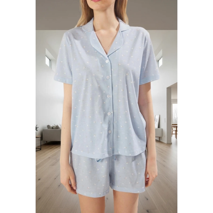 Kadın Rahat Yazlık Kalpli Pijama Takımı Örme Kumaş Regular Kalıp Kısa Kol Şık Görünüm