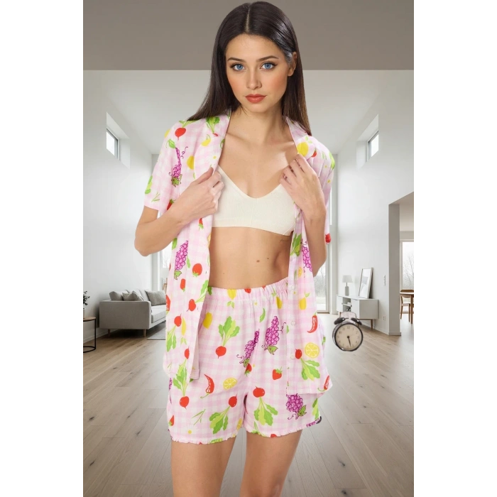 Kadın Rahat Yazlık Sebze Desenli Viskon Pijama Takımı Mükemmel Uyum Özel Tasarım Yüksek Kalite Uzun Ömürlü