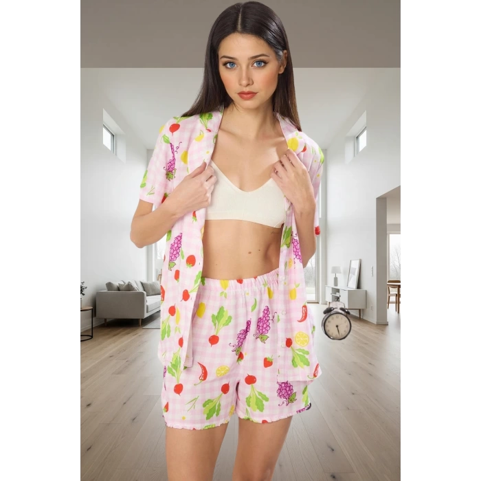 Kadın Rahat Yazlık Sebze Desenli Viskon Pijama Takımı Mükemmel Uyum Özel Tasarım Yüksek Kalite Uzun Ömürlü