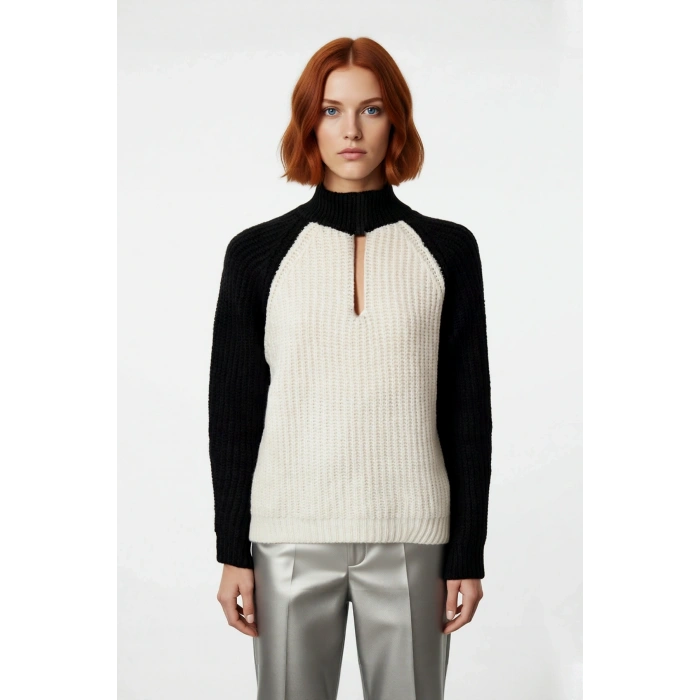 Kadın Reglan Kollu Renk Bloklu Fermuar Detaylı Dik Yaka Oversize Triko Kazak Günlük Tarz. Kaliteli