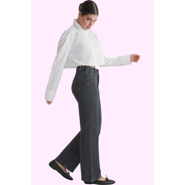 Kadın Regular Boy Denim Jean Yüksek Bel Geniş Paça Pamuk Günlük Kullanım Dayanıklı Malzeme
