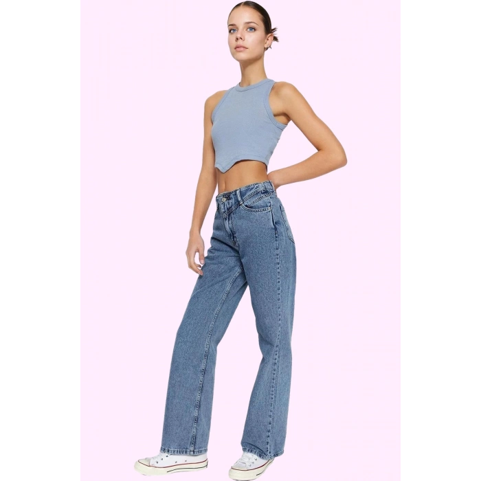 Kadın Regular Boy Denim Jean Yüksek Bel Geniş Paça Pamuk Günlük Kullanım Dayanıklı Malzeme