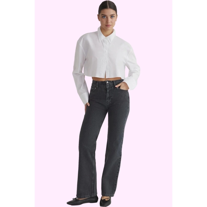 Kadın Regular Boy Denim Jean Yüksek Bel Geniş Paça Pamuk Günlük Kullanım Dayanıklı Malzeme