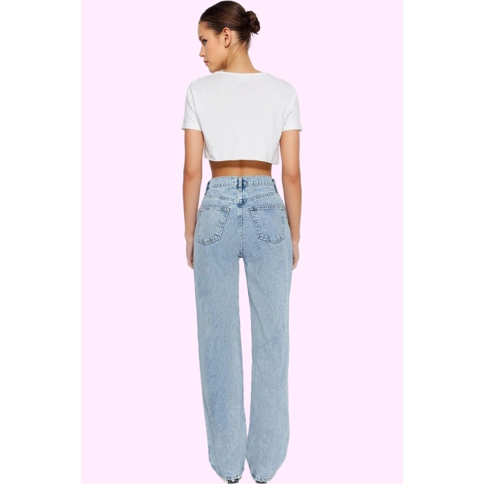 Kadın Regular Boy Denim Jean Yüksek Bel Geniş Paça Pamuk Günlük Kullanım Dayanıklı Malzeme