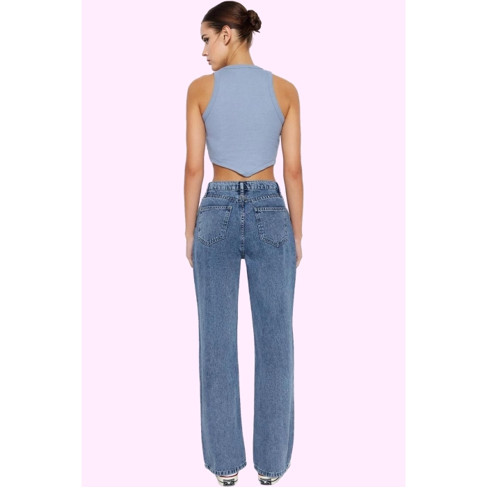 Kadın Regular Boy Denim Jean Yüksek Bel Geniş Paça Pamuk Günlük Kullanım Dayanıklı Malzeme