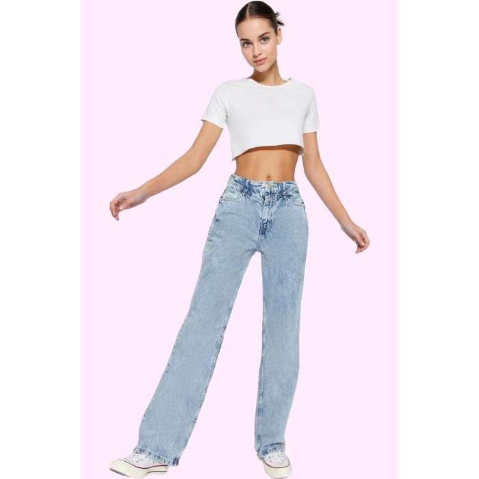 Kadın Regular Boy Denim Jean Yüksek Bel Geniş Paça Pamuk Günlük Kullanım Dayanıklı Malzeme