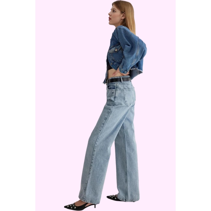Kadın Regular Boy Denim Jean; Yüksek Bel Geniş Paça Pamuk Günlük Kullanım Kaliteli Malzeme