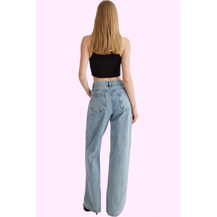 Kadın Regular Boy Denim Jean; Yüksek Bel Geniş Paça Pamuk Günlük Kullanım Kaliteli Malzeme