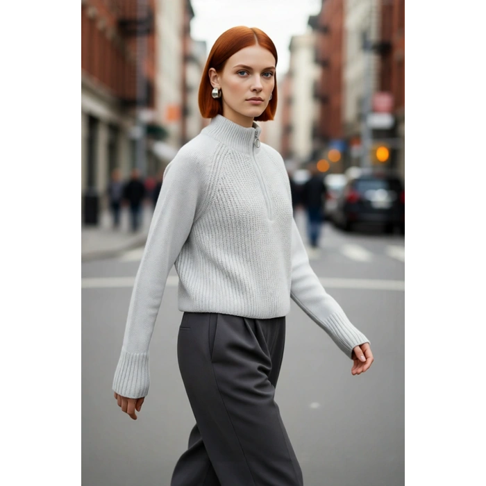 Kadın Regular Fit Crop Dik Yaka Fermuarlı Selanik Örgü Akrilik Triko Kazak Kışlık Kombinlerin