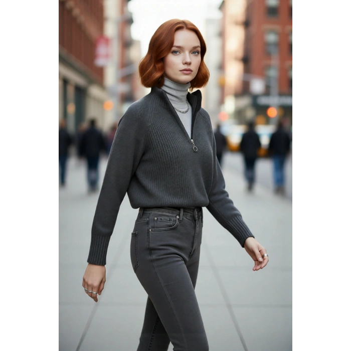 Kadın Regular Fit Crop Dik Yaka Fermuarlı Selanik Örgü Akrilik Triko Kazak Kışlık Kombinlerin