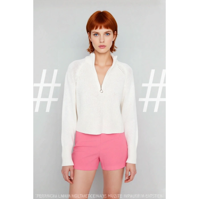 Kadın Regular Fit Crop Dik Yaka Fermuarlı Selanik Örgü Akrilik Triko Kazak Kışlık Kombinlerin