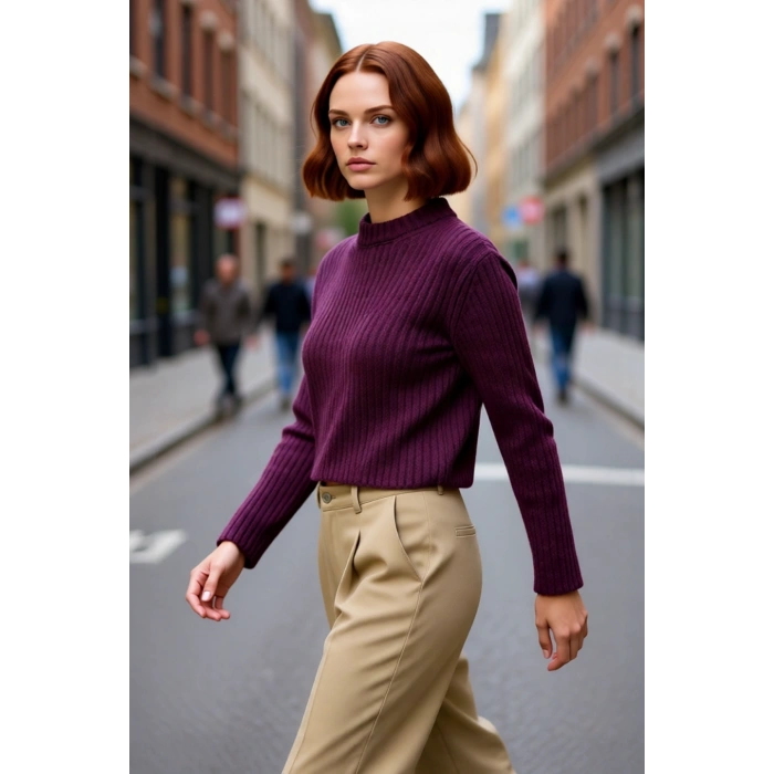 Kadın Regular Fit Crop Fitilli Bisiklet Yaka Uzun Kollu Orta Kalın Triko Kazak Kışlık Kombinlerin