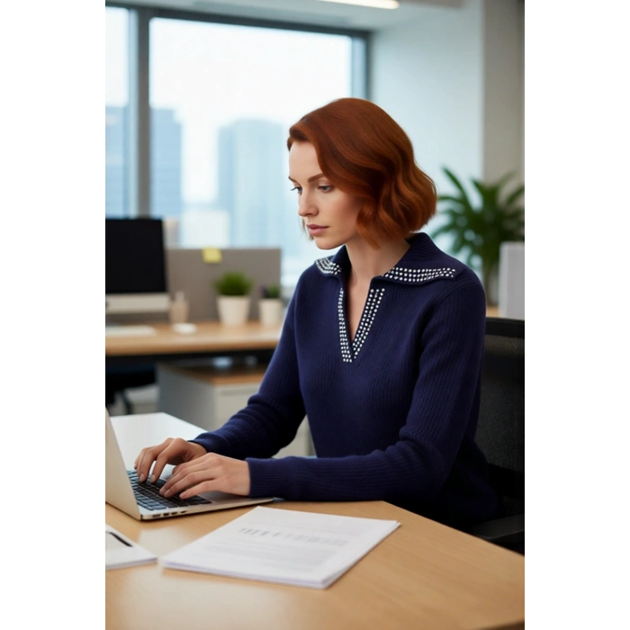 Kadın Regular Fit Devrik Yaka Taş Detaylı Düşük Kollu Triko Kazak Kışlık Şıklığın Vazgeçilmezi