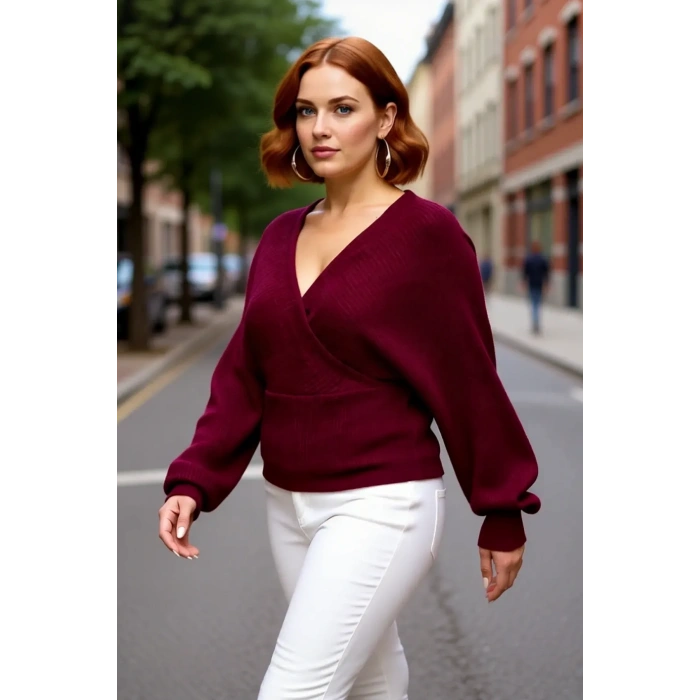 Kadın Regular Fit Selanik Dokuma Kruvaze Triko Kazak V Yaka Uzun Kol Bağlamalı Kışlık Günlük Şık