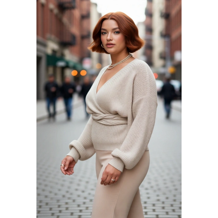 Kadın Regular Fit Selanik Dokuma Kruvaze Triko Kazak V Yaka Uzun Kol Bağlamalı Kışlık Günlük Şık