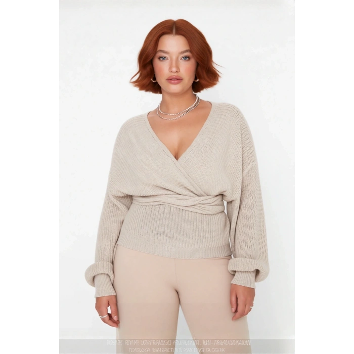 Kadın Regular Fit Selanik Dokuma Kruvaze Triko Kazak V Yaka Uzun Kol Bağlamalı Kışlık Günlük Şık