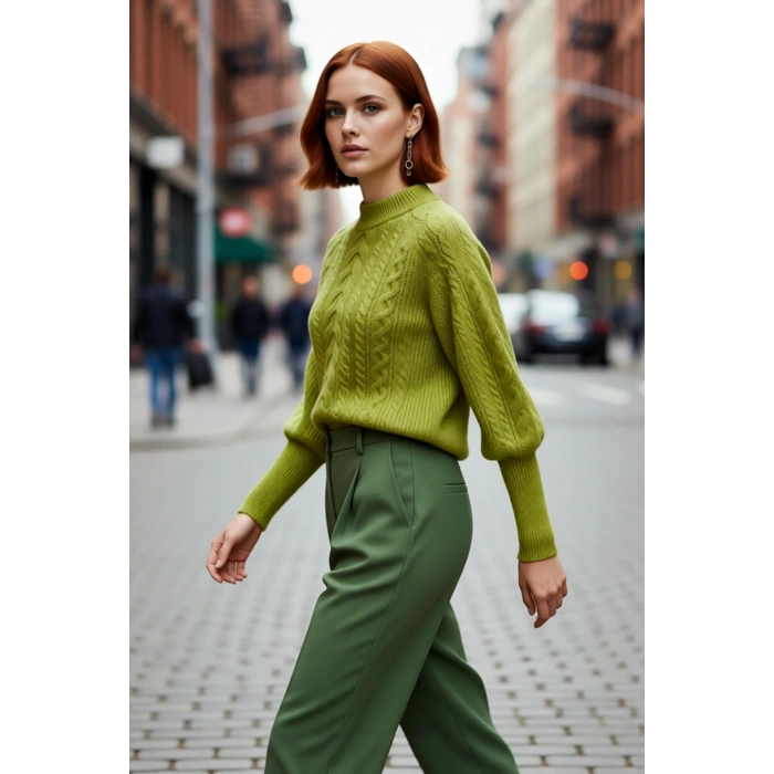 Kadın Regular Fit Yumuşak Dokulu Triko Kazak Balon Kol Dik Yaka Saç Örgü Kış Sezonu Şıklığı