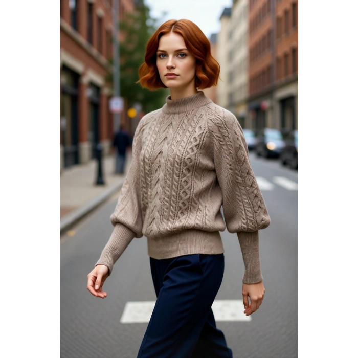 Kadın Regular Fit Yumuşak Dokulu Triko Kazak Balon Kol Dik Yaka Saç Örgü Kış Sezonu Şıklığı