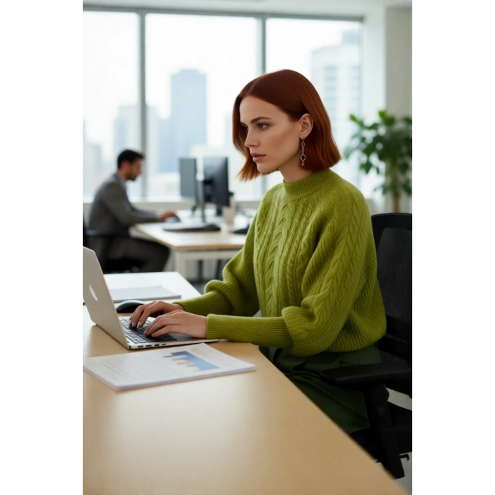 Kadın Regular Fit Yumuşak Dokulu Triko Kazak Balon Kol Dik Yaka Saç Örgü Kış Sezonu Şıklığı