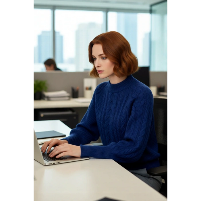 Kadın Regular Fit Yumuşak Dokulu Triko Kazak Balon Kol Dik Yaka Saç Örgü Kış Sezonu Şıklığı