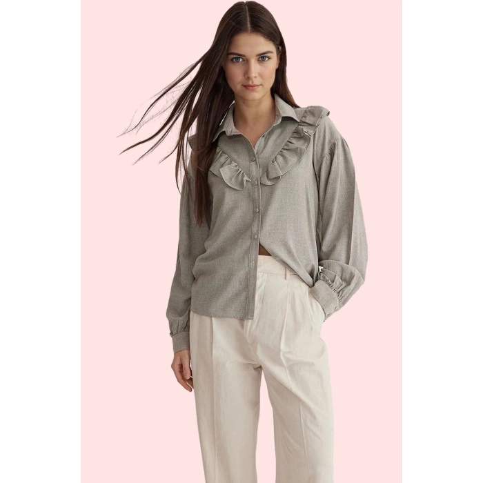 Kadın Regular Gömlek; Gömlek Yaka Çizgili Viskoz Karışımlı Kumaş Günlük Stil Modern Tasarım