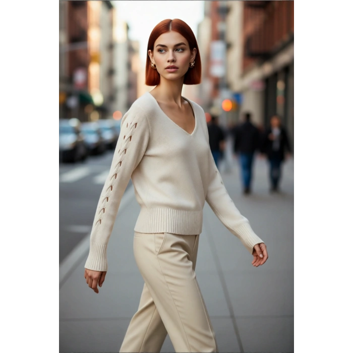 Kadın Regular Kalıp Ajurlu Uzun Kol V Yaka Triko Kazak Basic Siluet Günlük Şıklık İçin İdeal Seçim.