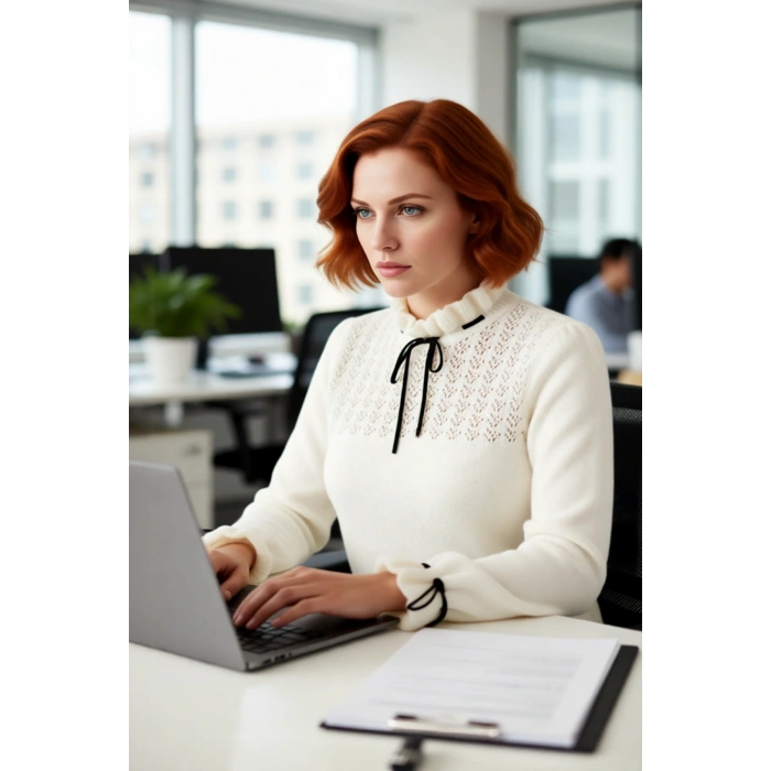 Kadın Regular Kalıp Akrilik Ajurlu Dik Yaka Düşük Kol Yumuşak Dokulu Triko Kazak Kurdele Fiyonklu