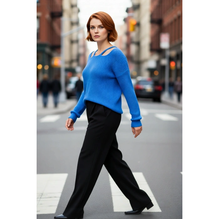 Kadın Regular Kalıp Akrilik Kare Yaka Kesik Omuz Detaylı Selanik Dokuma Uzun Kollu Triko Kazak