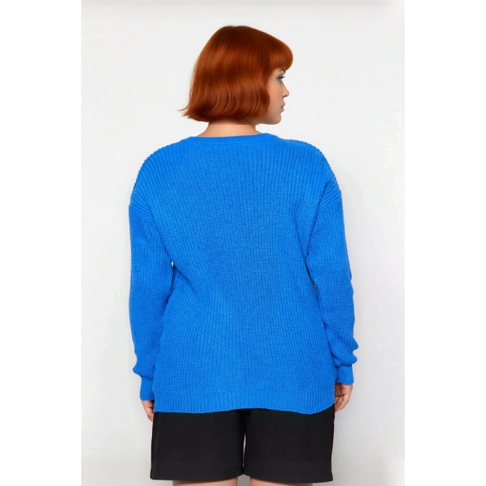 Kadın Regular Kalıp Akrilik Kare Yaka Kesik Omuz Detaylı Selanik Dokuma Uzun Kollu Triko Kazak