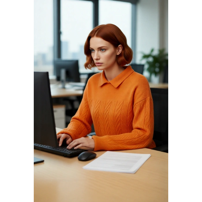 Kadın Regular Kalıp Akrilik Polo Yaka Saç Örgü Desenli Yumuşak Dokulu Triko Kazak Uzun Düşük Kol