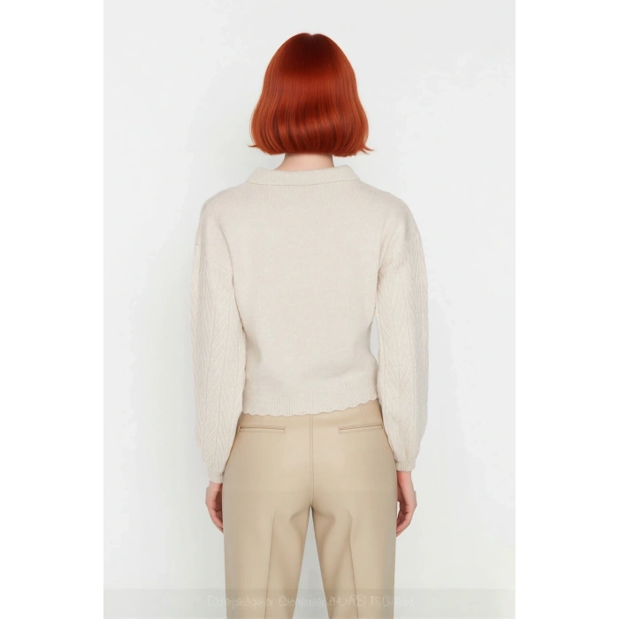 Kadın Regular Kalıp Akrilik Polo Yaka Saç Örgü Desenli Yumuşak Dokulu Triko Kazak Uzun Düşük Kol