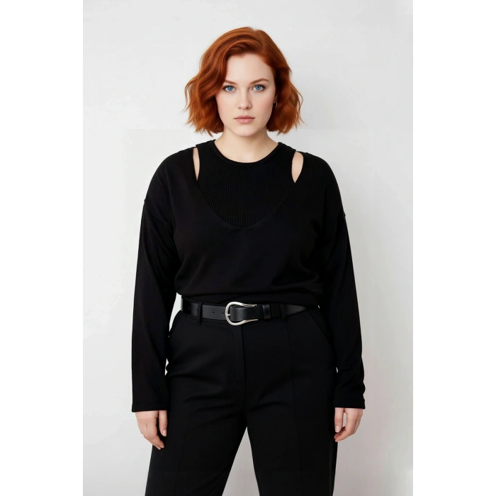 Kadın Regular Kalıp Akrilik Triko İkili Bluz Kazak Takımı V Yaka Kesimli Düz Desen Standart Kollu