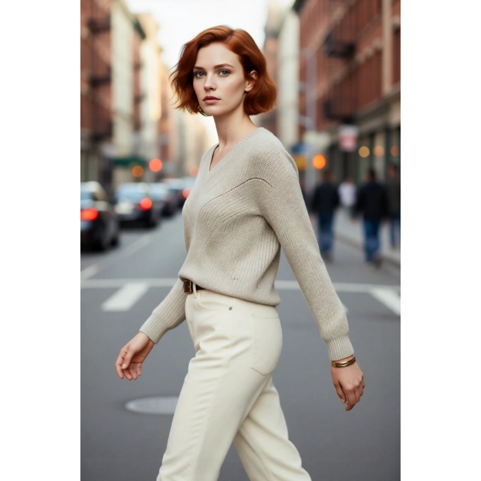 Kadın Regular Kalıp Akrilik Triko Kazak Ajurlu V Yaka Düşük Kol Kış Mevsimi İçin İdeal Şıklık.