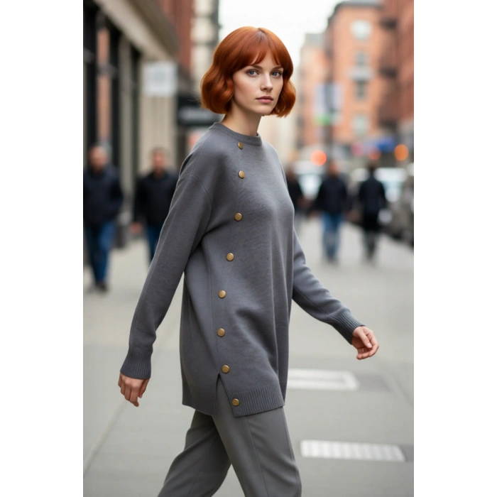 Kadın Regular Kalıp Akrilik Triko Kazak Düz Desen Düşük Kol Bisiklet Yaka Kışlık Şıklık Günlük