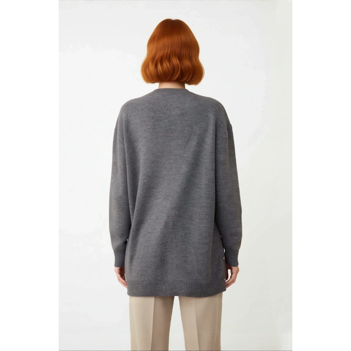 Kadın Regular Kalıp Akrilik Triko Kazak Düz Desen Düşük Kol Bisiklet Yaka Kışlık Şıklık Günlük