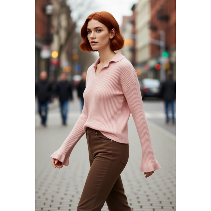 Kadın Regular Kalıp Apaş Yaka Düz Desen Volanlı Kol Triko Kazak Kışlık Zarif Kombinler Kaliteli