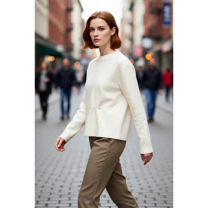 Kadın Regular Kalıp Bisiklet Yaka Akrilik Triko Kazak Şık İnci Detaylı Kışlık Giyim Şıklığı