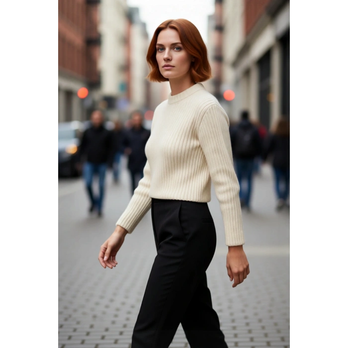 Kadın Regular Kalıp Bisiklet Yaka Crop Triko Kazak Standart Kol Tasarımıyla Soğuk Günlere Özel