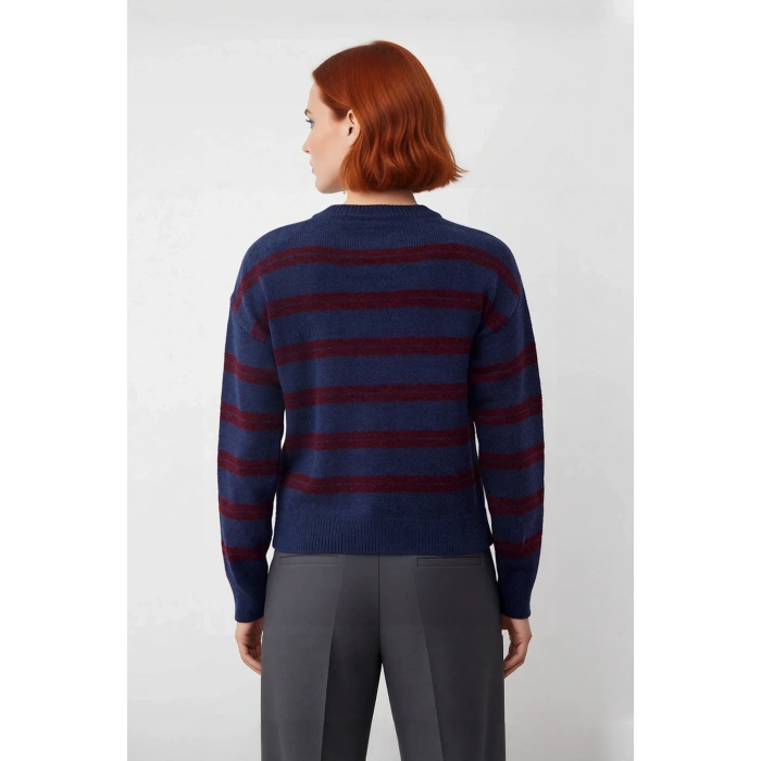 Kadın Regular Kalıp Bisiklet Yaka Düşük Kol Çizgili Omuz Düğme Detaylı Triko Kazak Kışlık Giyim