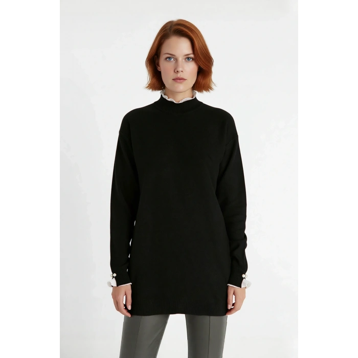 Kadın Regular Kalıp Bisiklet Yaka Düşük Kol Dantel İnci Detaylı Triko Pike Dokuma Tunik Kazak Modeli