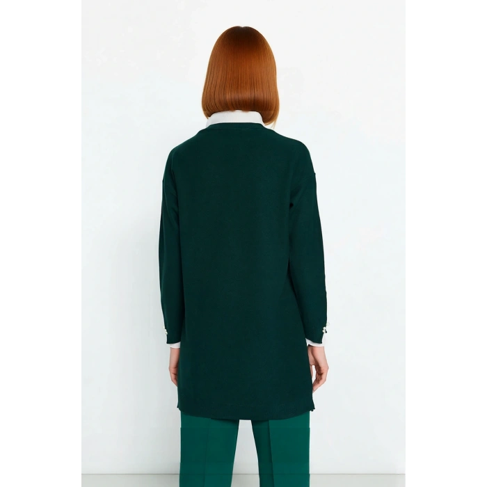 Kadın Regular Kalıp Bisiklet Yaka Düşük Kol Dantel İnci Detaylı Triko Pike Dokuma Tunik Kazak Modeli