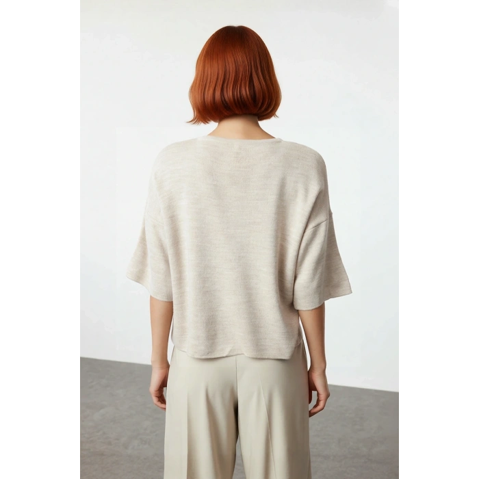 Kadın Regular Kalıp Bisiklet Yaka Kısa Kol Triko Bluz Modern Şık Cep Detaylı İlkbahar Sonbahar