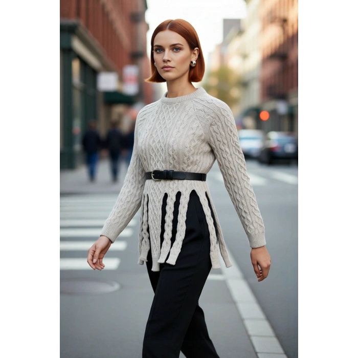 Kadın Regular Kalıp Bisiklet Yaka Saç Örgü Dokulu Altı Özel Kesim Uzun Kollu Triko Kazak Kışa